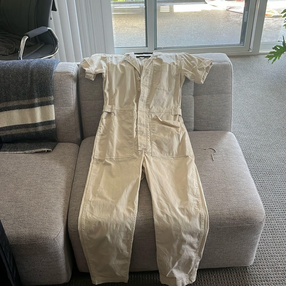 Alex Mill standard short sleeve jumpsuit, oatmilk color